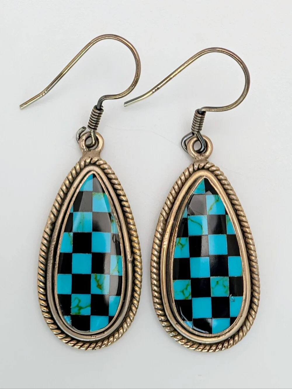 Turquoise & Black Onyx S925 Sterling Silver Matte Checkered Dangle Earrings